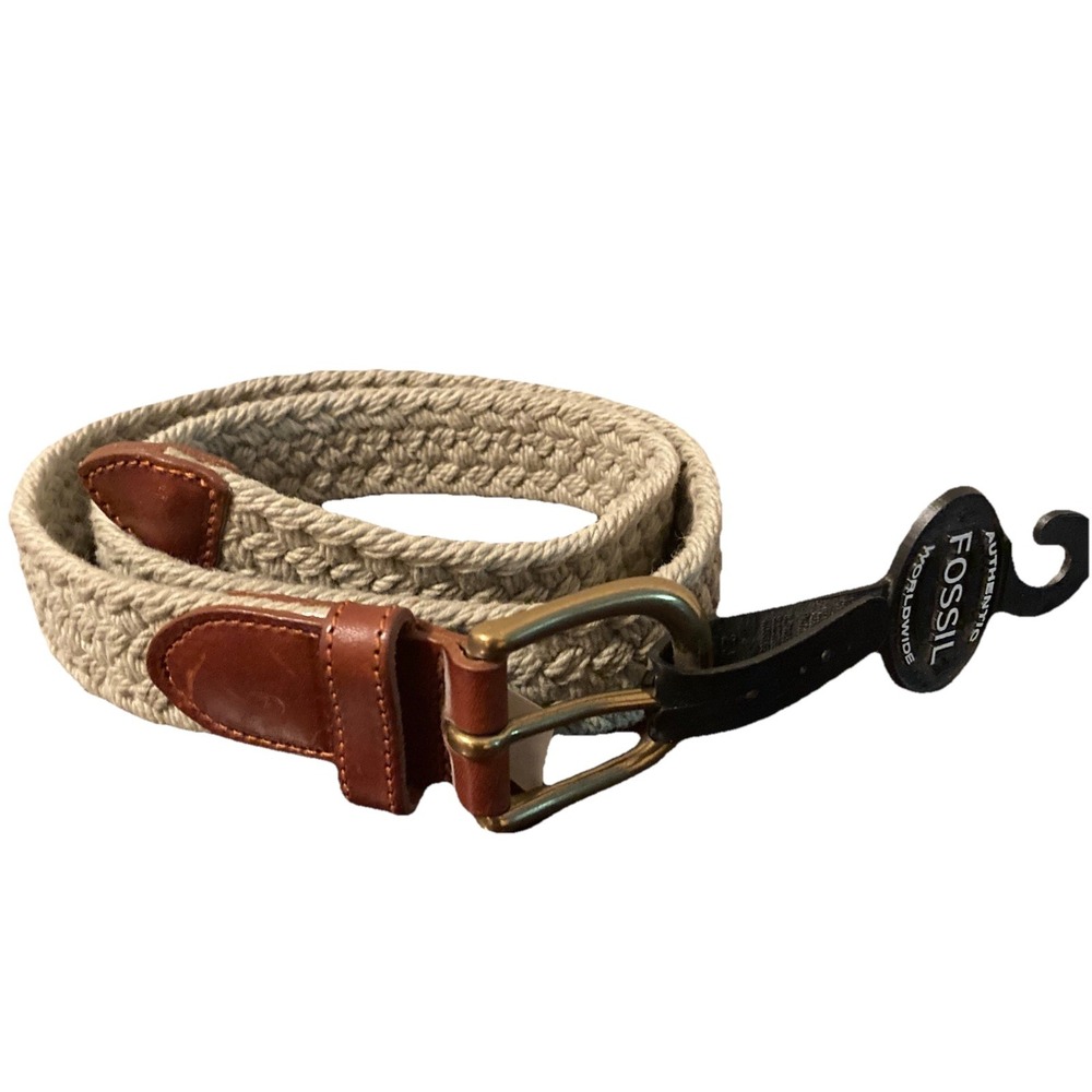 Fossil Women's Belt Leather Woven Sz Medium Brown Beige Classic NWT